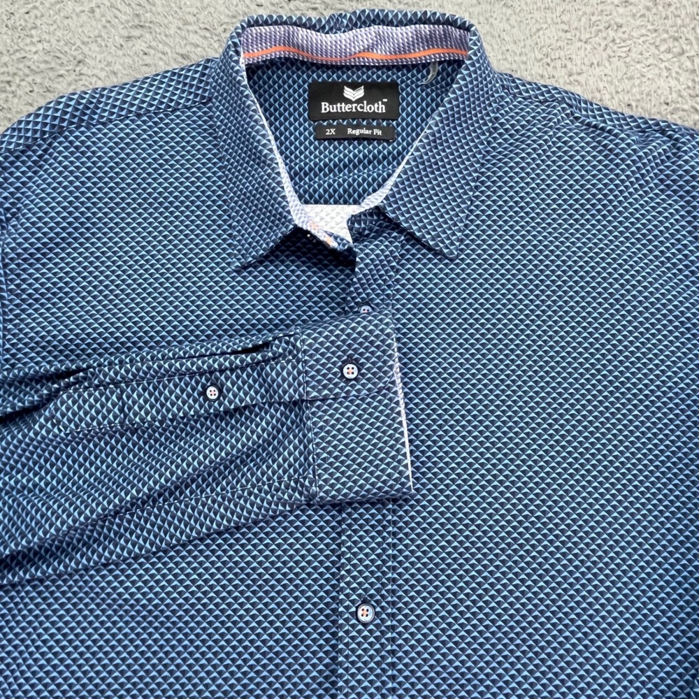 Buttercloth Mens 2X‎ Regular Fit Blue Geometric Print Long Sleeve Dress Shirt
